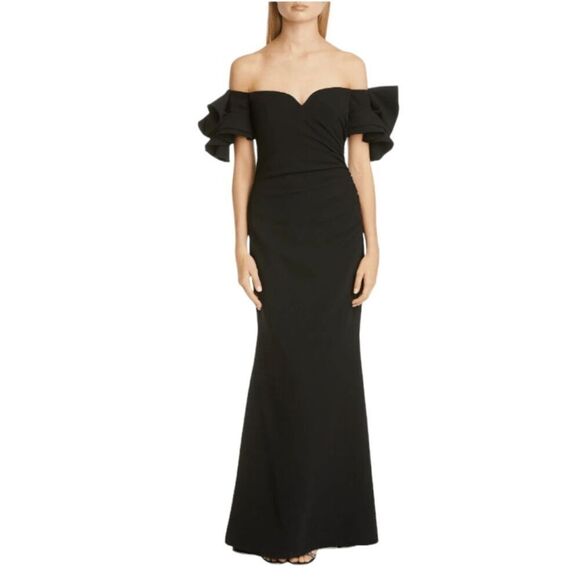 Like New Badgley Mischka Origami Off the Shoulder Gown, Black, Size 2 - Picture 1 of 4
